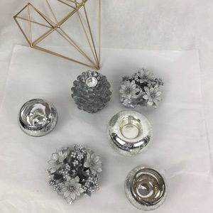 6 PC Silver Candle Holder & Candle Wreath Bundle